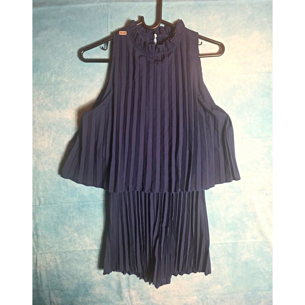 SHEIN Women's Pleated High Neck Sleeveless Wide-Leg Romper Blue S